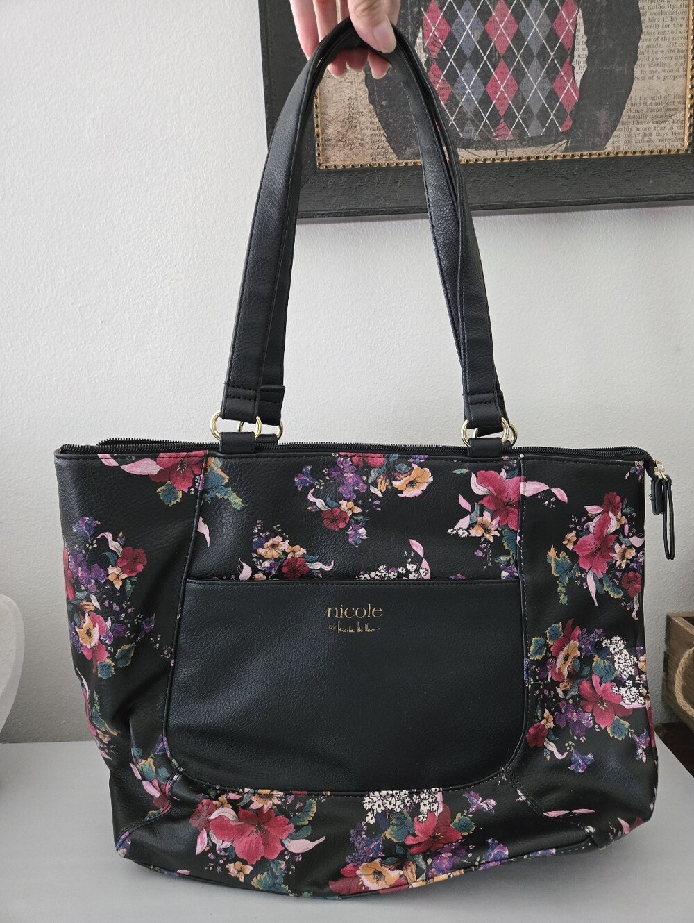 Nicole by Nicole Miller Black Leatherette Floral Tote Shoulder Bag